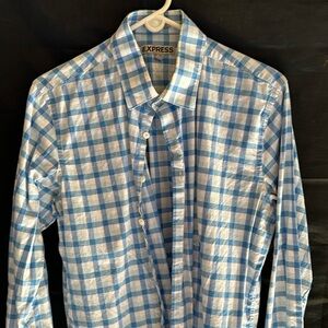 Blue and White Plaid Pattern Express Fitted Dress Shirt